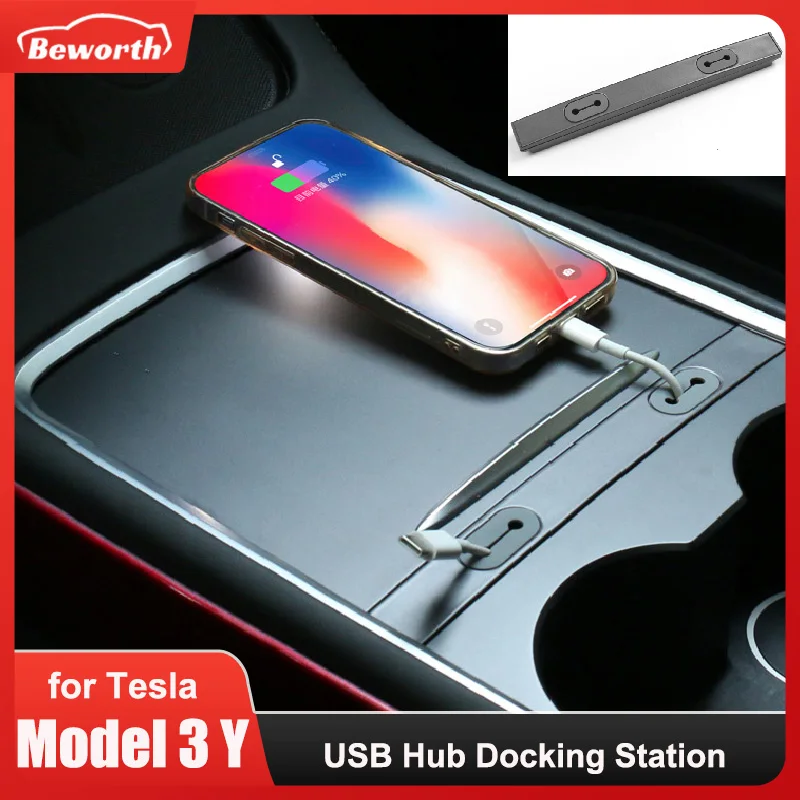 USB Hub Docking Station for Tesla Model 3 Y Accessories Center Console Control Data Line Storage Organizer Charging Cable Bar