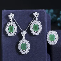 threegraces elegant green white cubic zirconia geometric earrings ring and pendant necklace women fashion jewelry sets js544