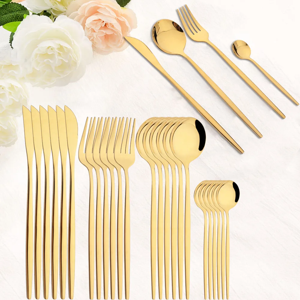 

Drmfiy Gold 24pcs Dinnerware Set Stainless Steel Tableware Set Knife Fork Coffee Spoon Flatware Set Dishwasher Safe Cutlery Set