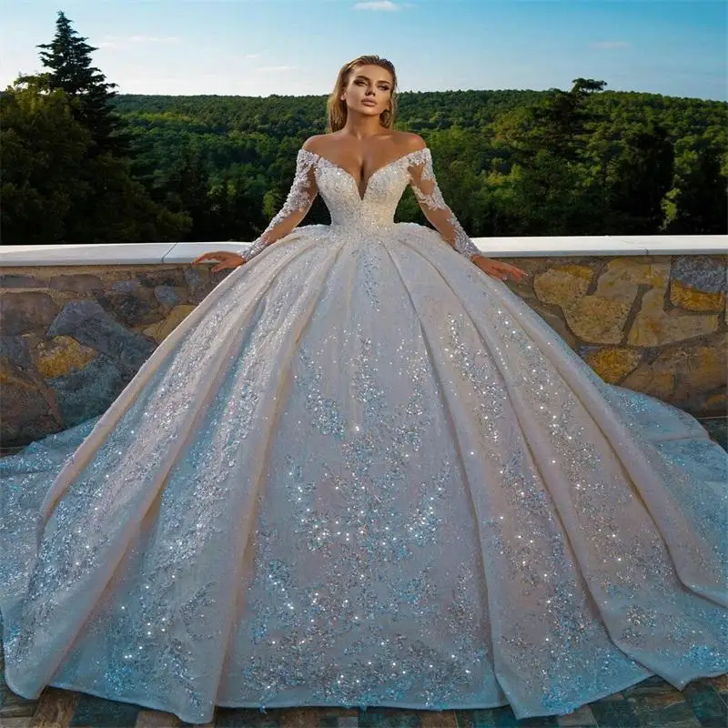 

Glitter Dubai Arabia Ball Gown Wedding Dresses Long Sleeves Beads Lace Appliqued Plus Size Custom Made Bridal Gowns