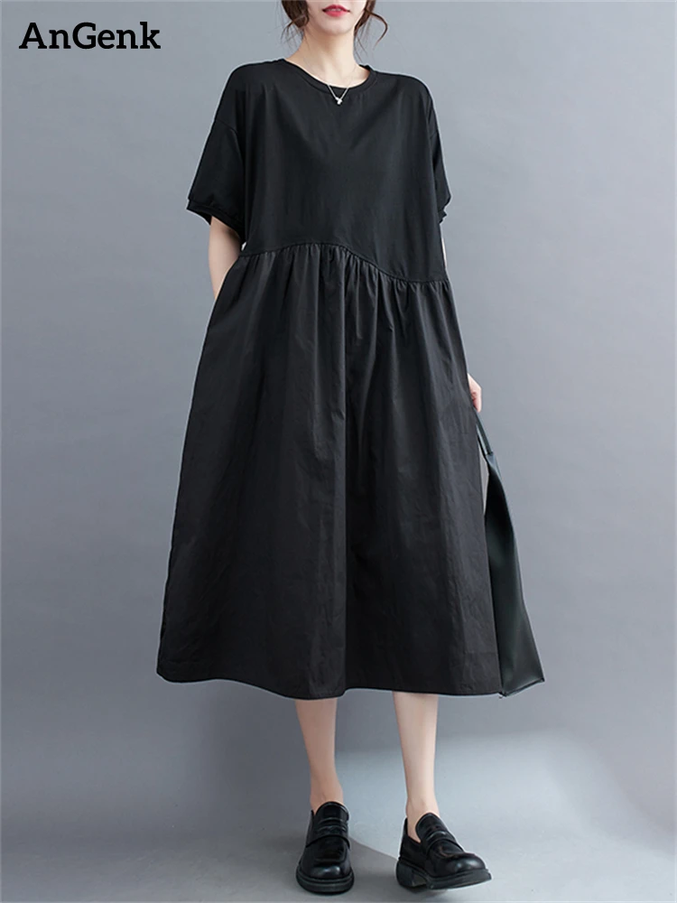 Женское Хлопковое платье с коротким рукавом черное винтажное свободное средней