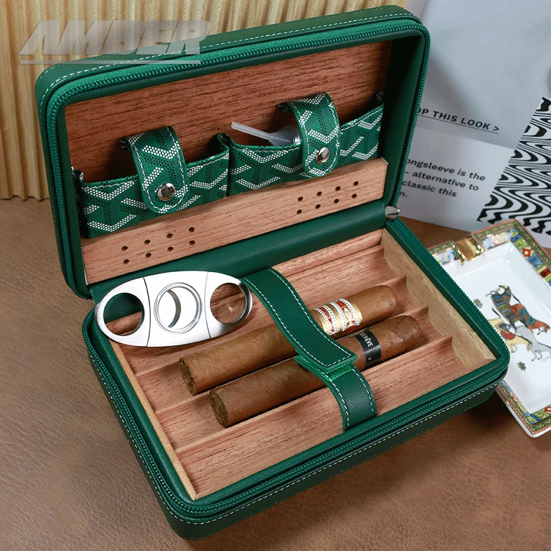 

For Travel Cedar Wood Cigar Humidor Box 4 Cigars Box Humidor Humidifier Smoking Accessories Gift PU Leather Cigar Case Storage