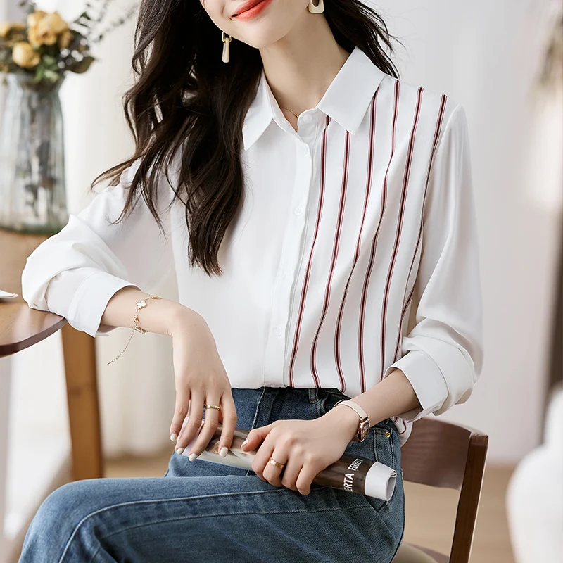 

Chiffon Women's Shirts New Stripe Casual Blouses Polo-neck Ladies Clothing Loose Long Sleeve Spring/Summer 2023 Fashion Tops