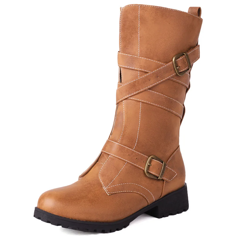 

Женские ковбойские ботинки BONJOMARISA до середины икры, дизайнерские ретро ботинки с металлической пряжкой, Новое поступление, женские ковбойские ботинки