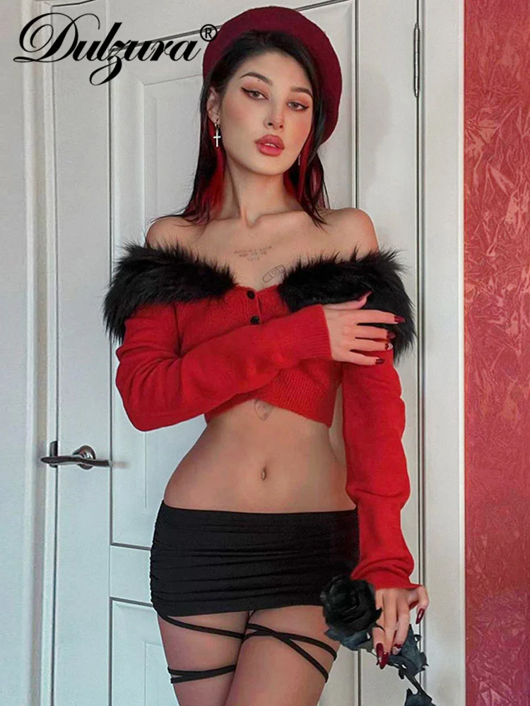 

Dulzura Women Long Sleeve Fur Collar Knitted Cardigan Off Shoulder Sweater Coats Y2K Crop Top Autumn Winter Buttons Red Clothes