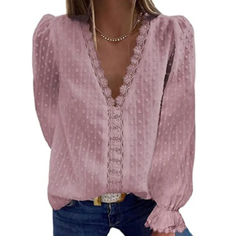 

Crochet Embroidery Lace Blouses Women Fashion V Neck Chiffon Shirts Spring Puff Long Sleeve White Blouse Shirts Loose Top 18200