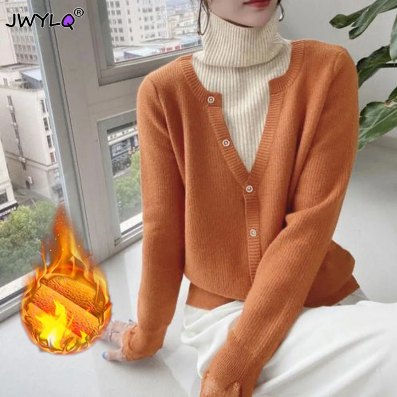 

Зимний плотный теплый свитер с ложным воротником, Женские Повседневные вязаные топы с имитацией двух предметов, корейский пуловер, мягкий бархатный трикотажный джемпер