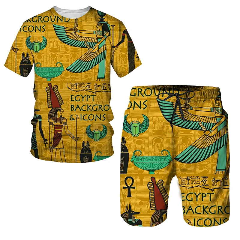Summer Anubis Pattern Printing Men's T Shirt Loose O-neck Short Sleeve Top Casual Comfortable Shorts 2 Piece Outfit Men Clothing