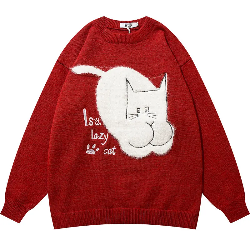 

Hip Hop Knitted Sweater Streetwear Embroidery Fuzzy Cartoon Cat Pullover Jumpers Sweaters 2022 Autumn Harajuku Casual Korean Men
