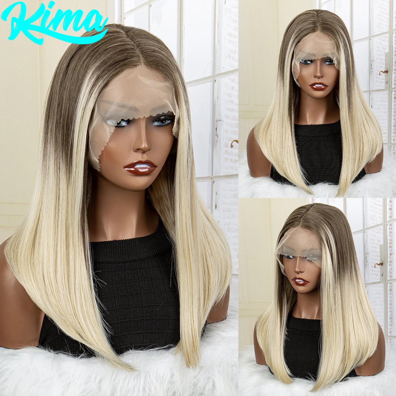 Парики из синтетических волос с прозрачной кружевной передней частью 16 дюймов