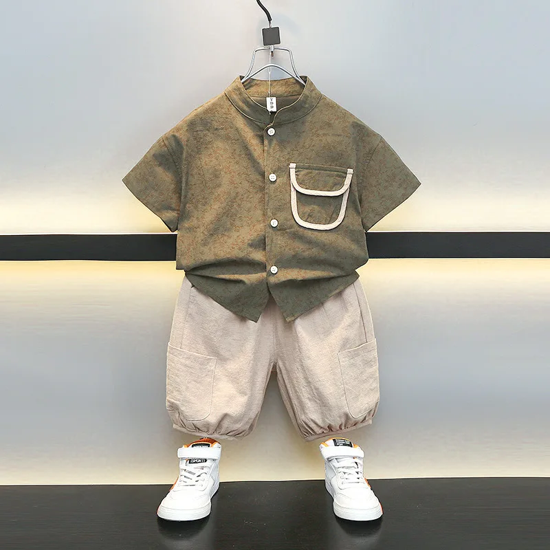 

Детская одежда, комплект из 2 предметов для мальчиков, рубашка и брюки с воротником-стойкой, Новинка лета 2023, модная однотонная простая одежда с цветочным принтом и карманами
