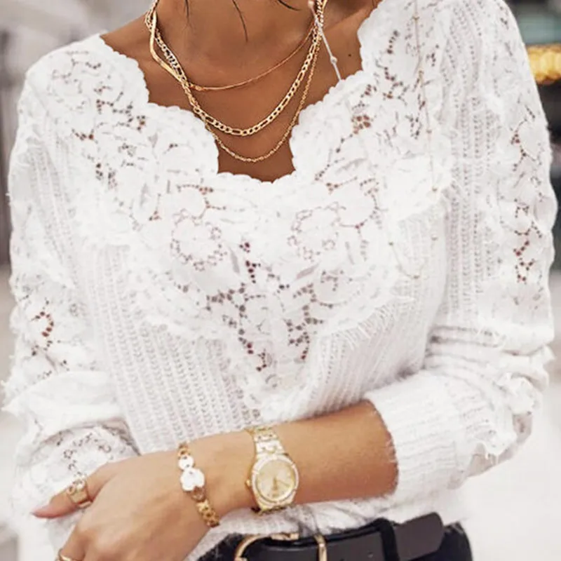 

Solid Guipure Lace Long Sleeve Sweater Elegant Sweater Women Top Clothing Party Style Hollow Out Sexy Thickness Shirt Tops Mujer