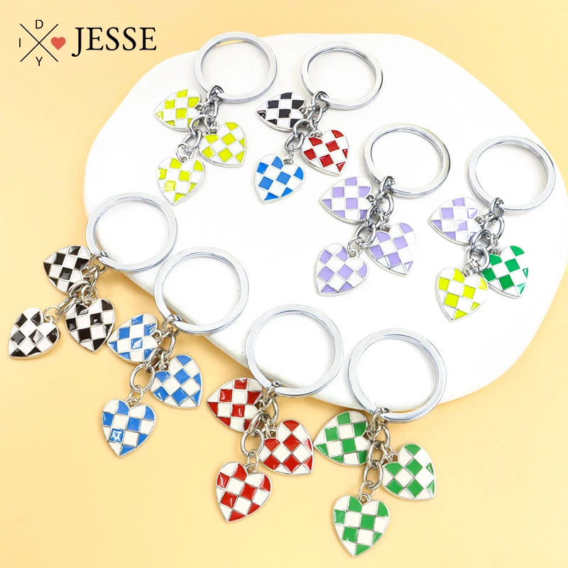 

Fashion Enamel Keychains Colorful Plaid Checkerboard Heart Pendant Keyrings For Women Handbag Car Key Holder Couple Jewelry Gift