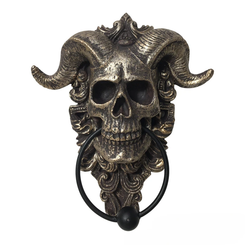 

Resin Ghost Door Knocker Ram Horns Skull Statue Hanging Craft, Porch Door Handle, Pull Ring, Outdoor Wall Decoration Accessories