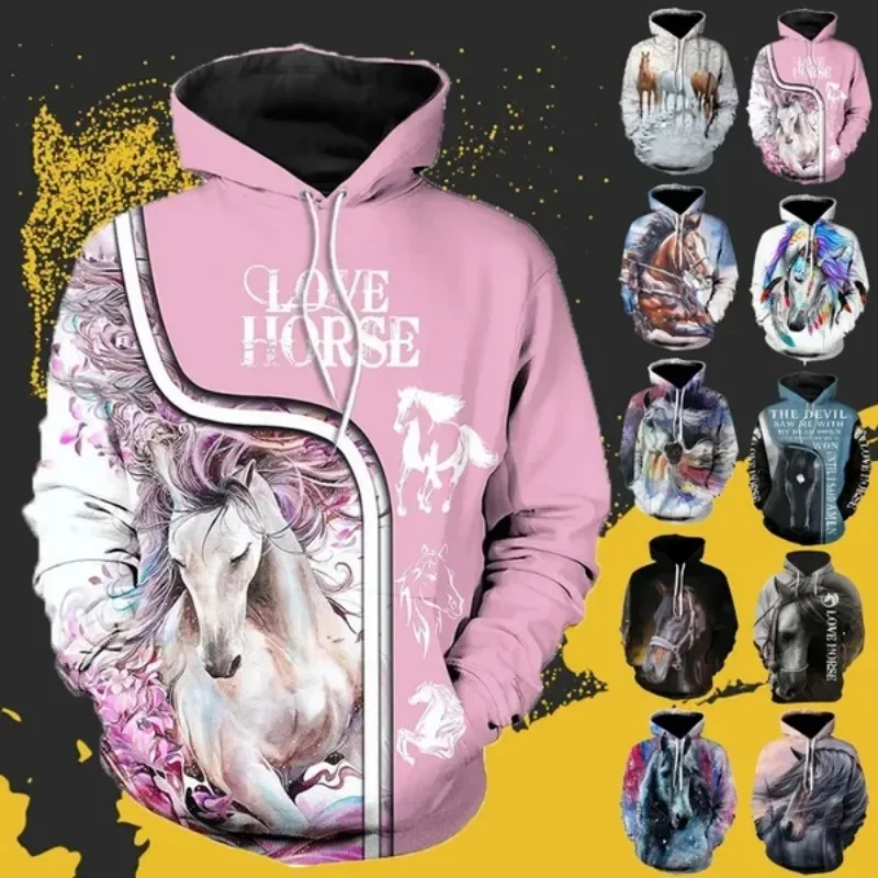 

Cartoon Horse Anime Hoodies Trendy Couple Long Sleeve Hooded Sweatshirts Unisex Casual Horse Animal 3D Print Pullover Tops
