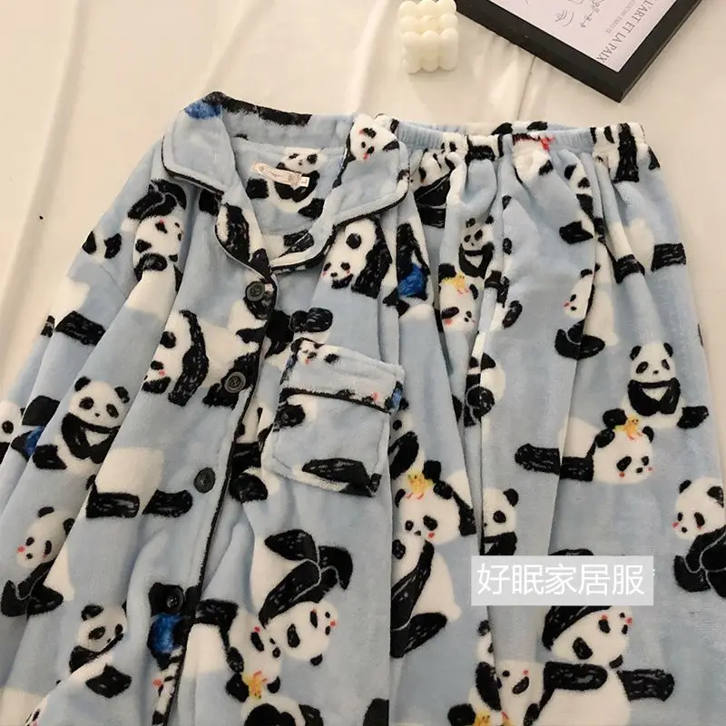

Pajama Female Panda Print Cartoon Winter Thick Fluffy Coral Fleece Sweet Cute Warm Set