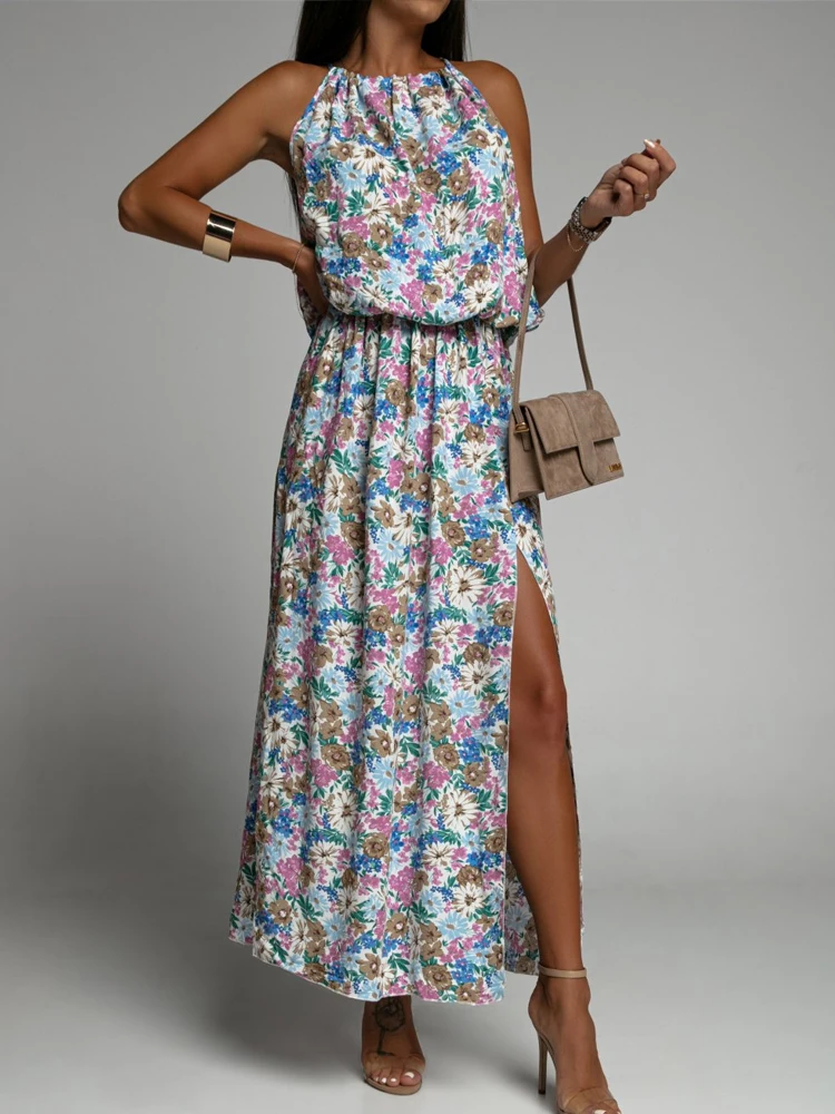 

Женское пляжное платье с вырезами на спине, свободное платье без рукавов с эластичным поясом и разрезом, модное платье с принтом и лямкой на ...