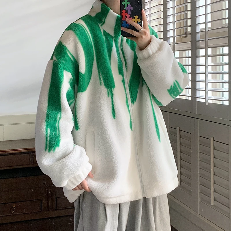 

Пальто из овечьей шерсти, зимняя флисовая куртка, мужское плотное пальто, уличная панк Готическая графическая парка, повседневные мужские куртки на молнии с воротником-стойкой