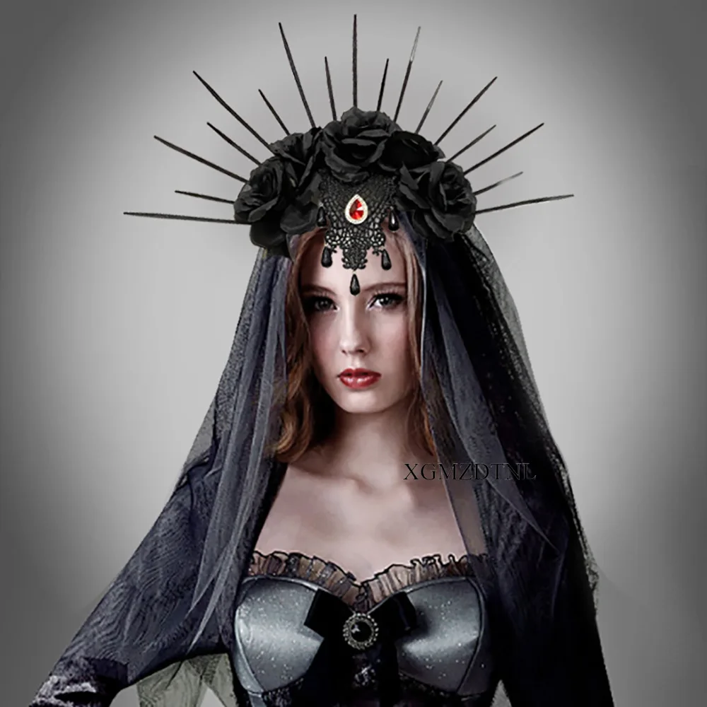 

Halloween Wedding Party Cosplay Black Veil Lace Flower Headband Ghost Bride Gothic Crown Medusa Vampire Retro Accessories Woman