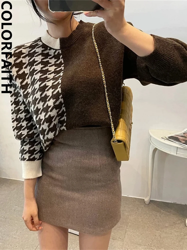 

Colorfaith New 2022 Women Autumn Winter Sweaters Knitted Checkered Warm Thicken Fashionable Wild Vintage Pullovers Tops SW1555JX