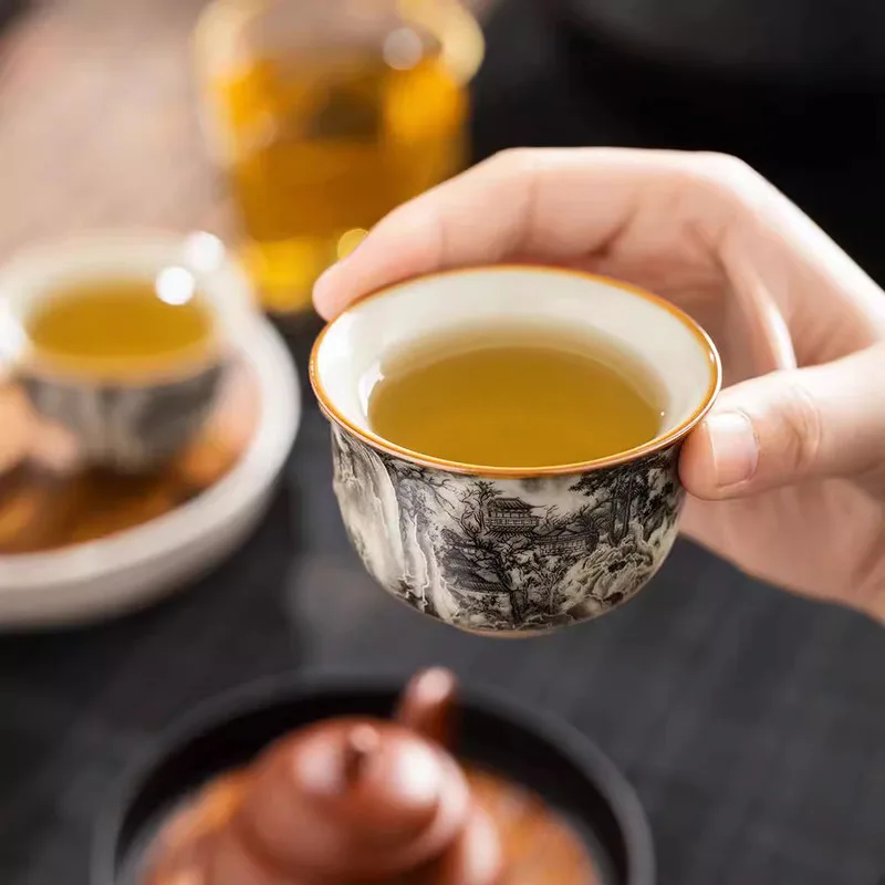 Ru Kiln Ink Пейзаж Круглая чашка-штатив Чашка Персональная специальная чашка Master Cup