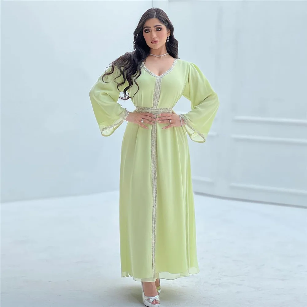 

Modest Muslim Women Dress Morocco Caftan Chiffon Beads Abaya V Neck Long Sleeve Belted Arab Dubai Evening Party Eid Ramadan Gown