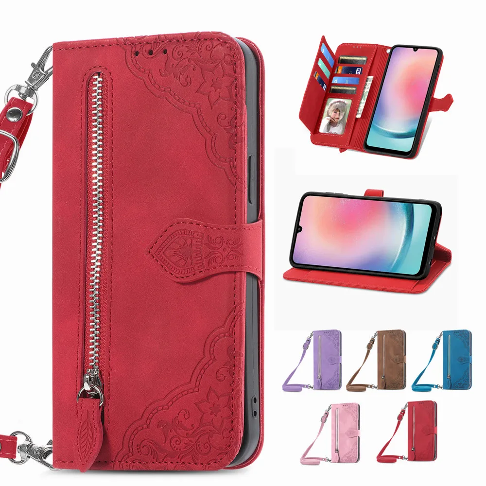 

Crossbody Strap Lanyard Wallet PhoneCase for Galaxy F24 A52 A72 A24 M14 A14 A13 X Cover6 Pro Women Zipper Leather Bag Flip Cover
