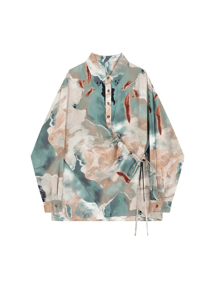 

2022 Autumn Women Long Sleeve Print Shirts Vintage Tie Dye Drawstring Blouse Lapel Loose Shirt Fashion Ladies Tops Female Mujer