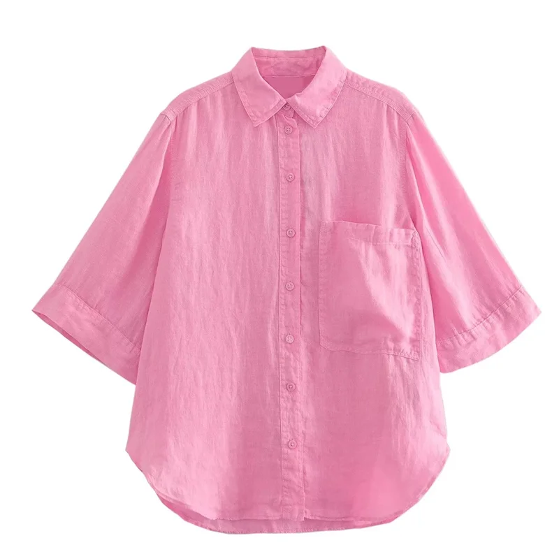 

TRAF Woman Pink Pocket Shirt 2023 Summer Commuting Style Lapel Collar Below-The-Elbow Length Sleeves Asymmetric Hem Casual Shirt