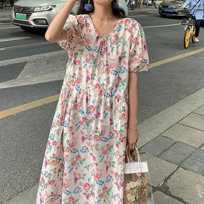 

Summer Woman Slim Body Dress Women Cottagecore Dress Clothes Pastoral Sweet Floral Puff Sleeve Loose Oversize Long Dress