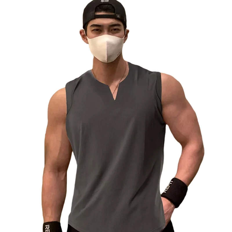 

New Men V-neck Tank Top pure color cotton Summer vest Gym Muscle Bodybuilding Streetwear sleeveless Shirt Workout Fitness Sport