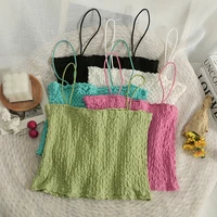 oumea women knitting spaghetti strap crop tops summer shirring sleeveless cute beach top bright color chic retro tops for girls