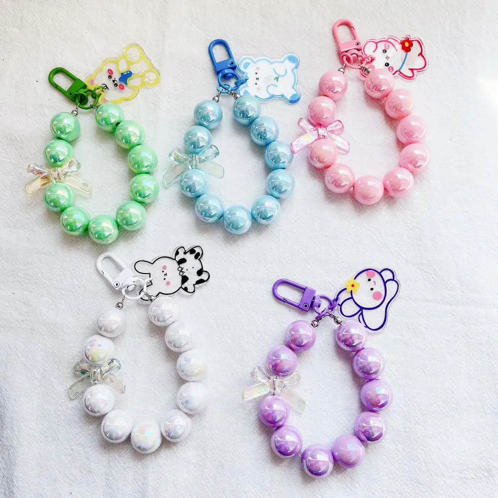 

New Kawaii Clear Acrylic Heart Beaded Keychain Heart Wristlet Bracelet Keyrings Girls Phone Wrist Lanyard For Women Purse Charms