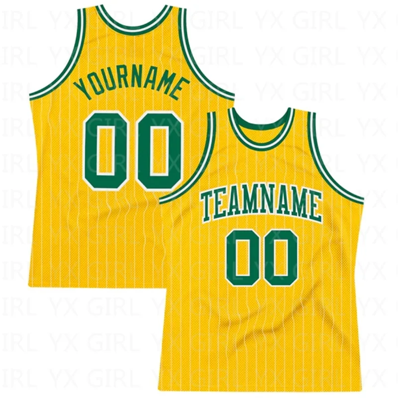 

Custom Gold White Pinstripe Kelly Green Authentic Basketball Jersey Tank Tops for Men Jersey Personlized Sew Team Unisex Top