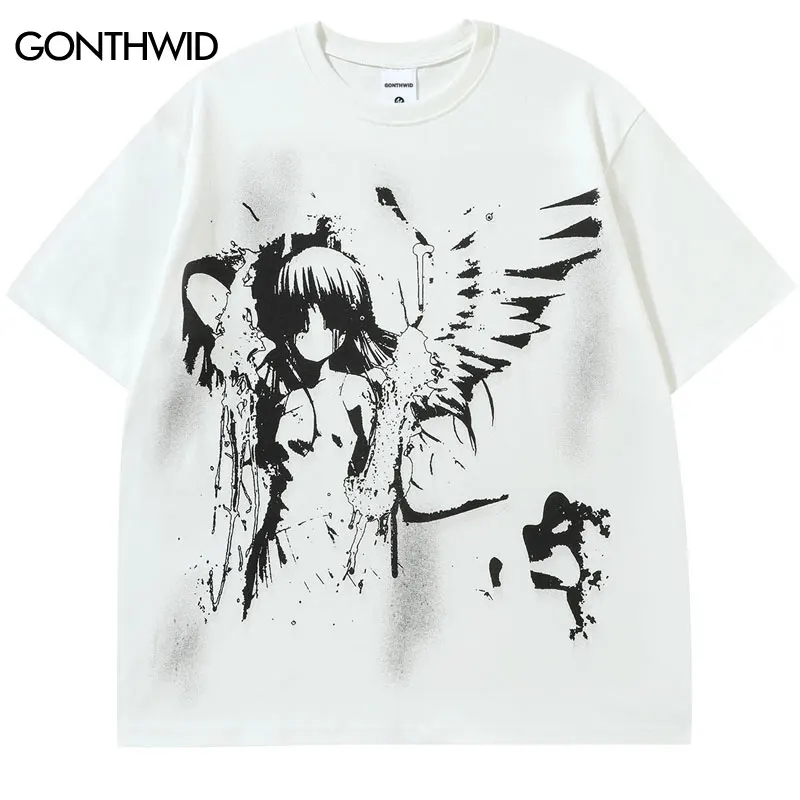 

Hip Hop Punk Tshirt Streetwear Y2K Harajuku Japanese Anime Cartoon Angel Wing Girl Graphic Print T-Shirt Fashion Loose Tee Top