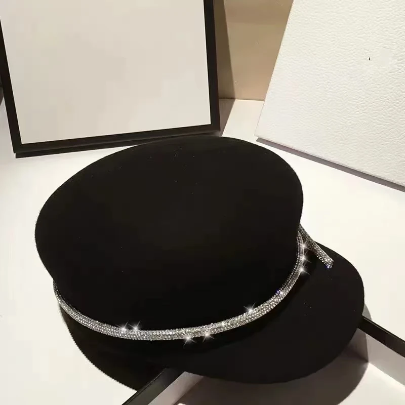 202411-16 ins chic winter wool felt luxury large shiny rhinestone flowers chain lady Octagonal hat women visors cap