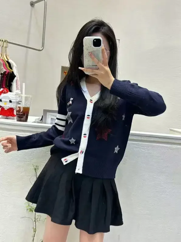 Женский темно-синий кардиган в консервативном стиле вязаный свитер женский