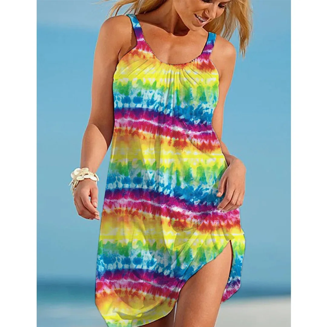 

Summer Women Sexy Beach Dresses 3D Rainbow Dark Women Sleeveless Loose Bohemian Vintage Beachwear Girls Fashion Party Dress