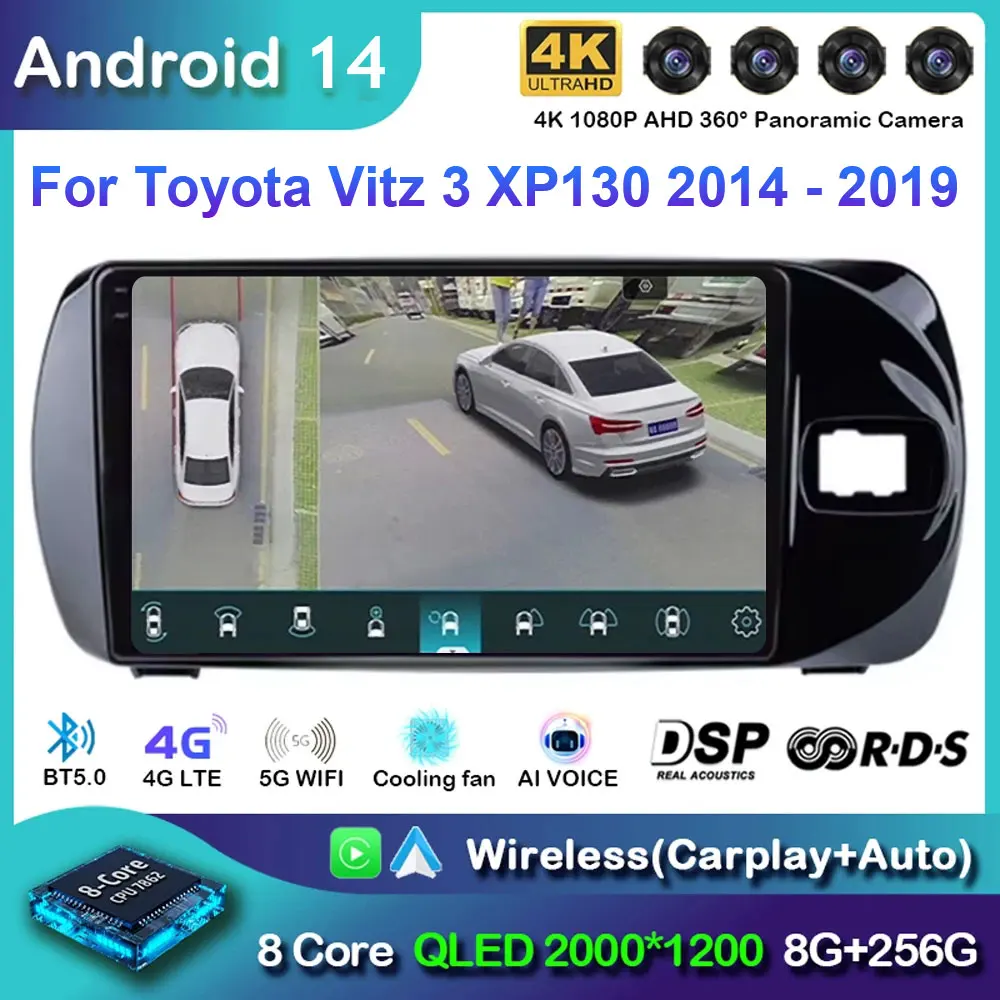 Радио 4G Android 14 для Toyota Vitz 3 XP130 2014 2015 2016 2017-2019 Автомобильный стерео мультимедийный