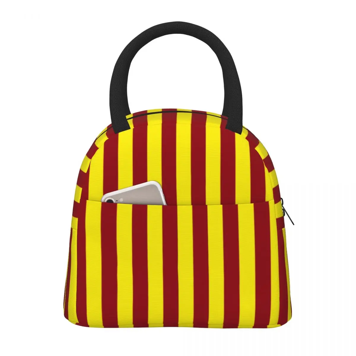 

Vertical Striped Lunch Bag Burgundy and Yellow Vintage Lunch Box Outdoor Picnic Convenient Tote Food Bags Print Cooler Bag