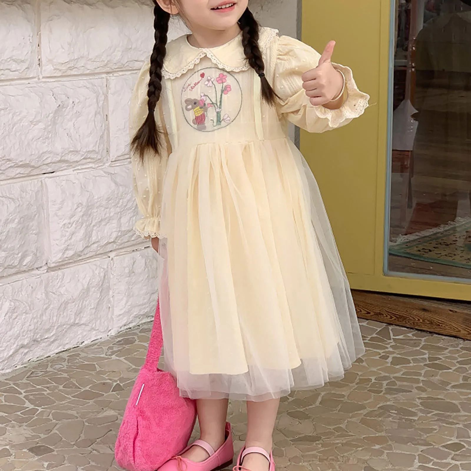 

Новинка 2023, весенне-Летнее Детское платье, платье для маленьких девочек с кукольным воротником и вышивкой в виде кролика, платья принцессы для девочек от 2 до 7 лет