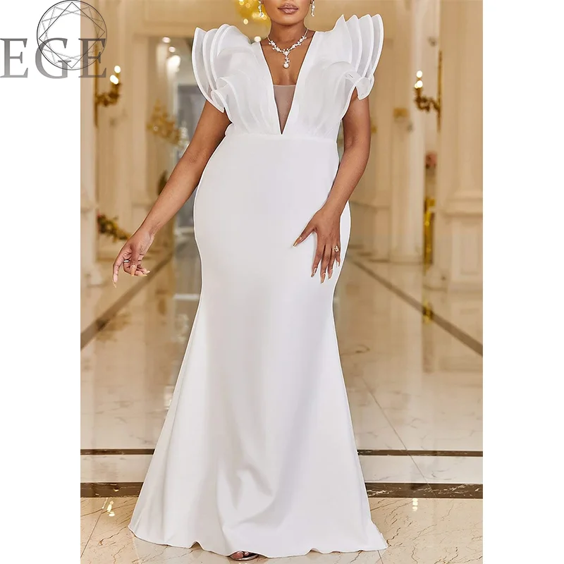 Plus Size Ruffle V Neck Luxury Evening Gown Backless Maxi Black Sexy 4xl 5xl Elegant Trim Mermaid Luxury Dress