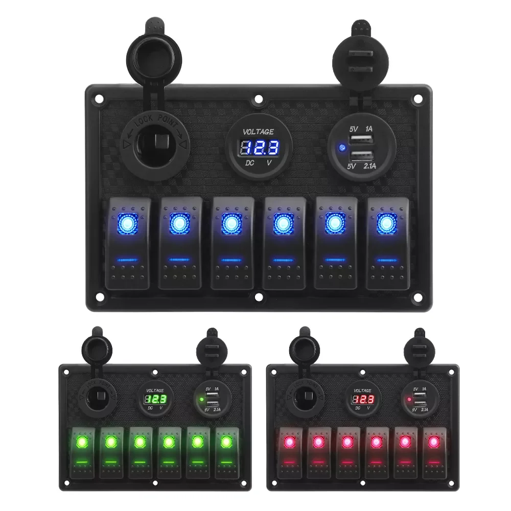 

2/3/6 Gang 4.2A Digital Rocker Toggle Switch Panel 2 USB Slot Socket Voltage Display Cigarette Marine Boat Outlet Combination