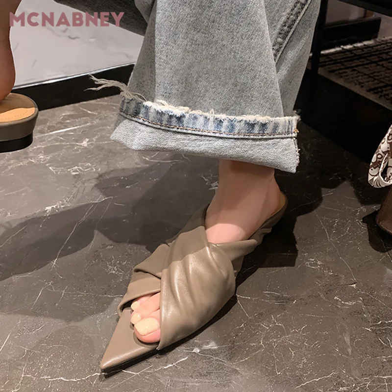 Folded Cross Open-Toed Slippers Summer New French Design Pointy Muller Slippers Casual Fashion Home Wear Flat Slippers