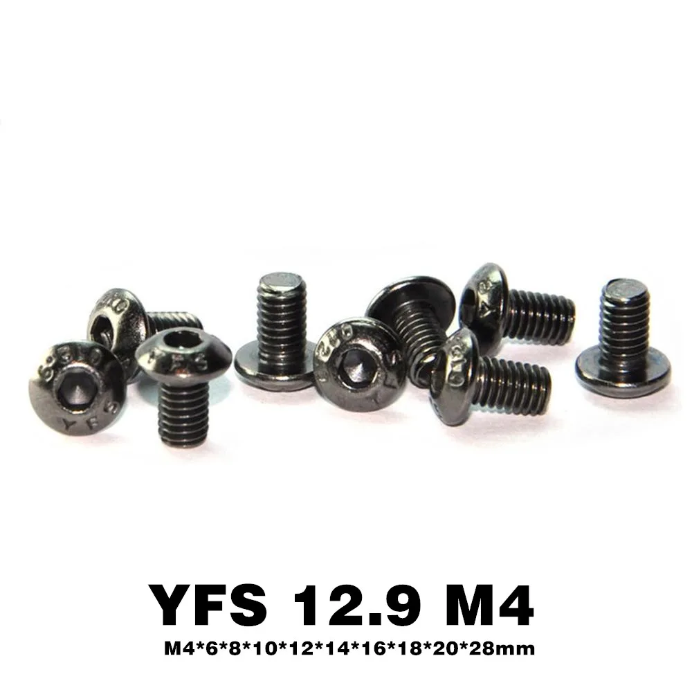 100Pcs YFS M4 Hex Socket Button Head Allen Screw M4*6*8*10*12*14*16*18*20*28mm Grade 12.9 Black Nickel Plating Antirust Screws