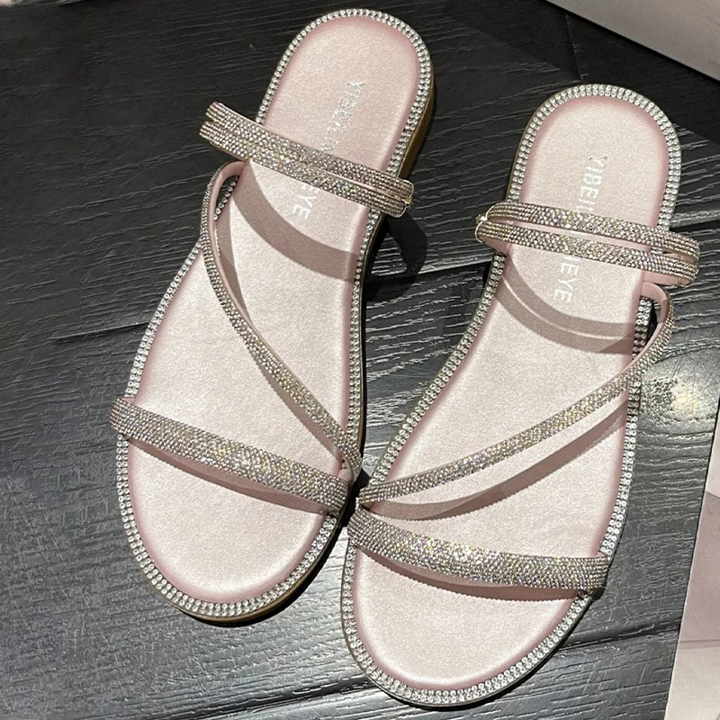 2023 New Women Fashion Rhinestone Decor Slide Flat Sandals Airy Sandals Three Style Glamorous Outdoor Sandals Female Shoes