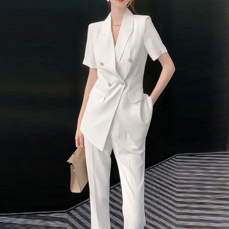 

Комплект брюк, Новинка лета 2023, Модный облегающий женский костюм, шикарные брюки-карандаш с высокой талией и блейзеры с коротким рукавом, комплект из 2 предметов