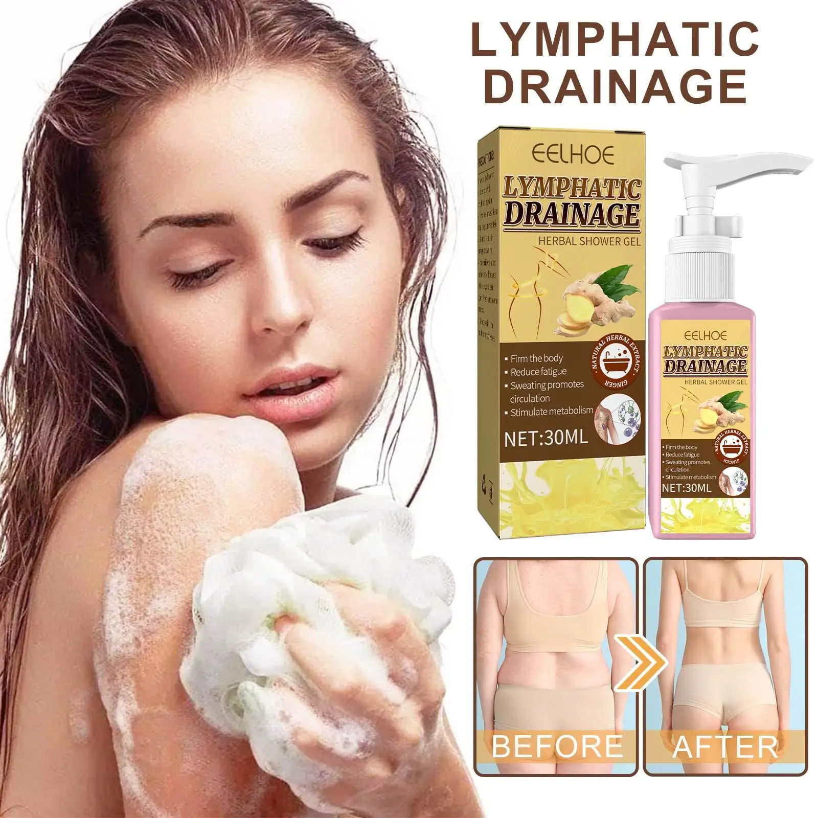 

30ml Lymphatic Drainage Natural Ginger Herbal Shower Gel Deep Cleaning Moisturizing Nurtrition Firm Skin Slimming Body Wash