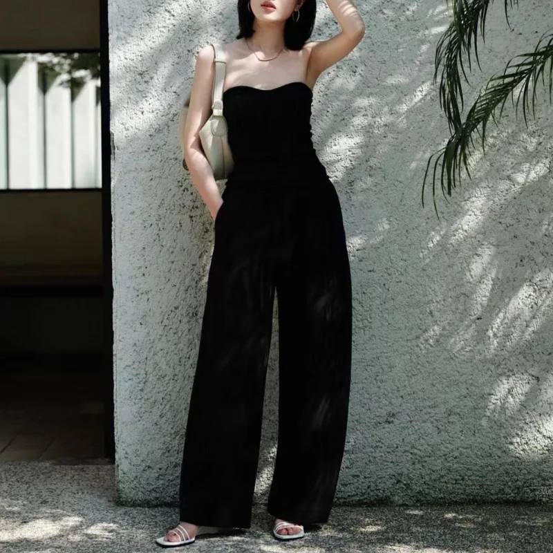 Autumn and Winter High Waist Wide Leg Pants Knitted Curved Collar Tube Top Suit