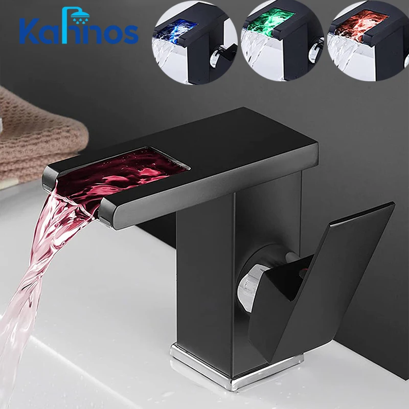 

Brass Led Waterfall Bathroom Basin Faucet Single Handle Cold Hot Water Mixer Sink Tap Color Change Powered by Water Flow Faucets